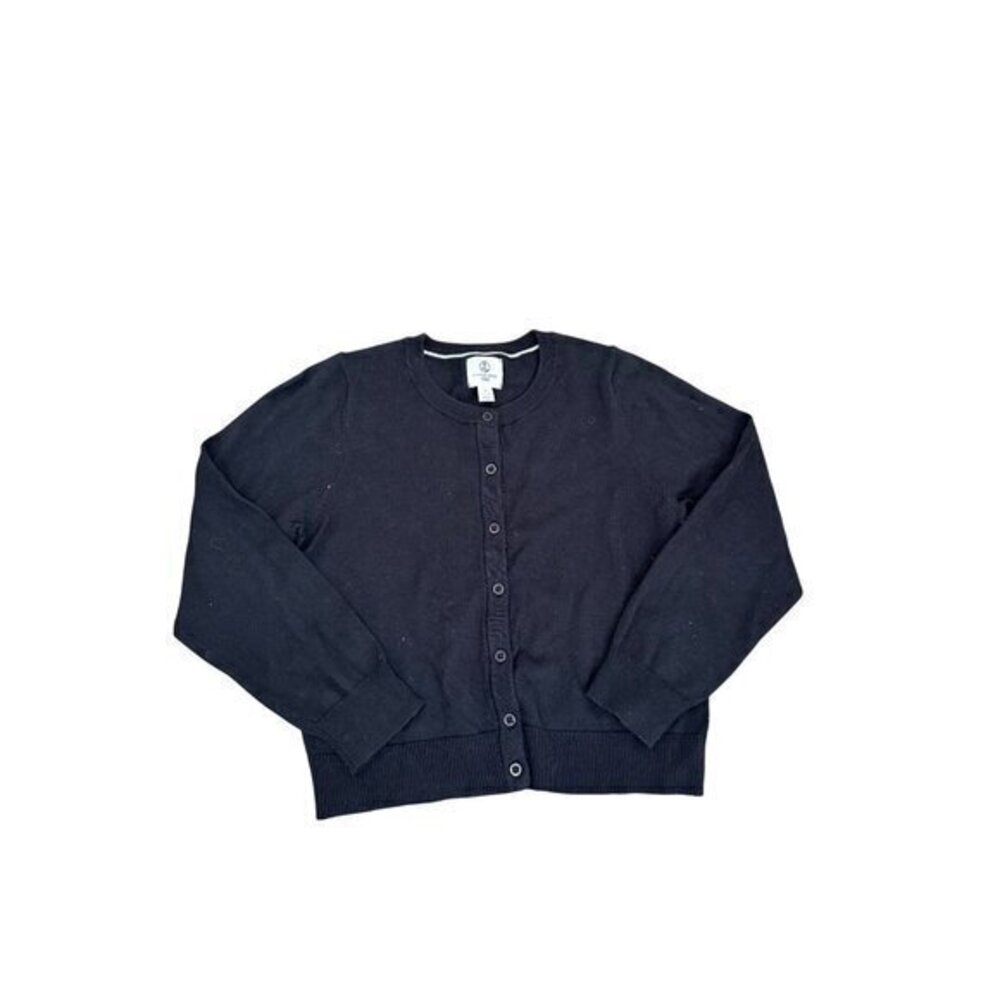 Lands End Kids Black Button-Front Cardigan Sweater S 7-8 Cotton Blend Classic Cr